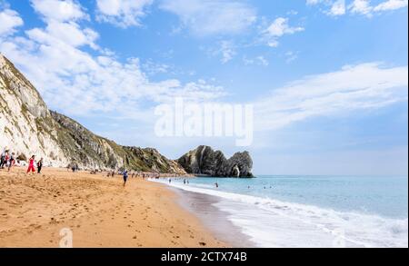 View from the beach of the iconic picturesque Durdle Door rock formation on the Jurassic Coast World Heritage site in Dorset, south-west England