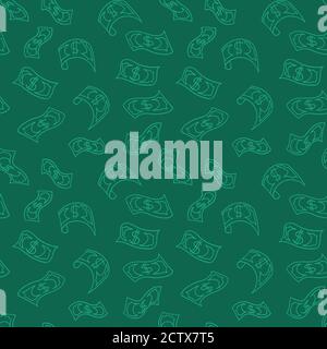 Falling dollar cash seamless pattern. Hand drawn money on green background. Vector illustration. Stock Vector