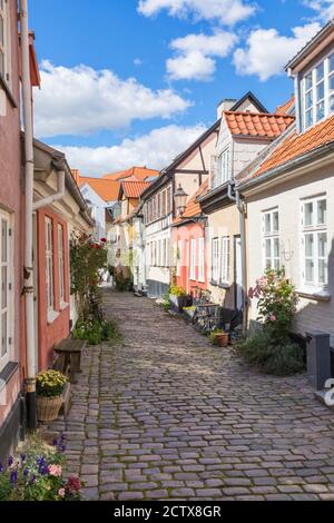 Narrow cobbled street, Aalborg Old Town, North Jutland, Denmark ...