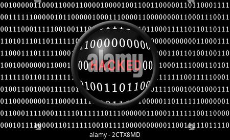 HACKED red lettering shown in a magnifying lens in front of a black screen filled with white binary code - 3D-illustration Stock Photo