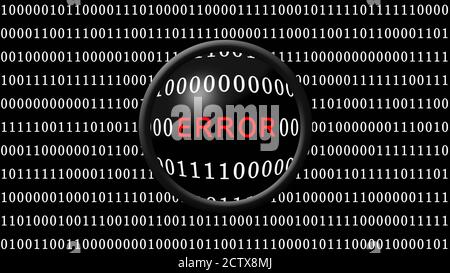 ERROR red lettering shown in a magnifying lens in front of a black screen filled with white binary code - 3D-illustration Stock Photo