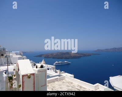 Santorini is one of the Cyclades islands in the Aegean Sea. It was devastated by a volcanic eruption in the 16th century BC, forever shaping its rugge Stock Photo