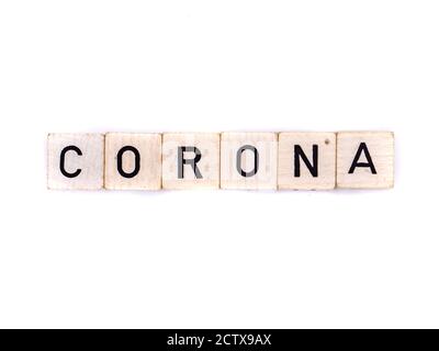 Text Corona cubes isolated on white background Stock Photo