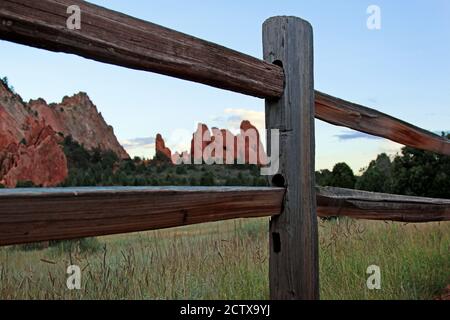 Garden of the Gods in Colorado with fence. Stock Photo