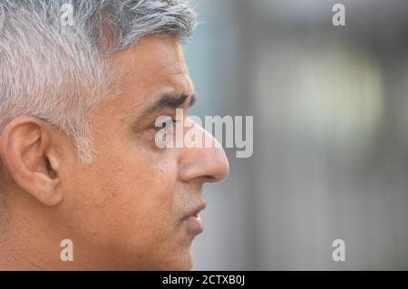 Mayor of London Sadiq Khan speaks to media at New Scotland Yard, London, following the death of a police officer who was shot by a detainee at Croydon Custody Centre in south London in the early hours of Friday morning. Stock Photo