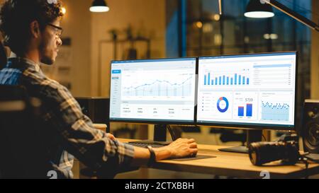 Late Evening Business Office: Professional Analyst Works on Desktop Computer, Doing Final Report, Working with Charts, Graphs. Modern Business Office Stock Photo