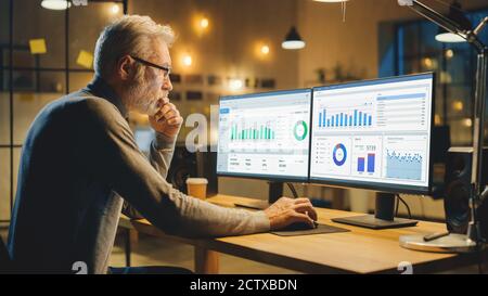 Late Evening Business Office: Creative Middle Aged Analyst Works on Desktop Computer, Doing Final Report, Working with Charts, Graphs. Modern Business Stock Photo