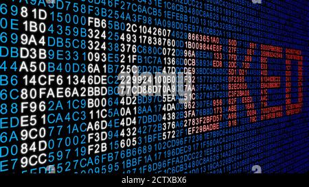 Business security concept - HACKED lettering in alternating color from white to red - highlighted from a surface with hexadecimal code Stock Photo