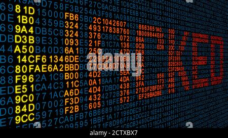 Business security concept - HACKED lettering in alternating color from yellow to orange - highlighted from a surface with hexadecimal code Stock Photo