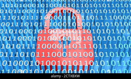 Security business concept - red closed padlock embedded in a binary code surface in bright blue color - 3D-illustration Stock Photo