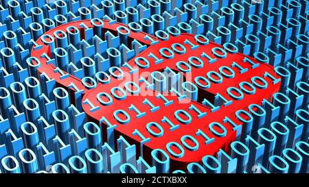 Security business concept - red closed padlock embedded in a binary code surface in bright blue color - 3D-illustration Stock Photo