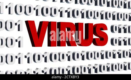 VIRUS lettering in red integrated into a binary code screen made of white digits - Security business concept - isolated on white background Stock Photo