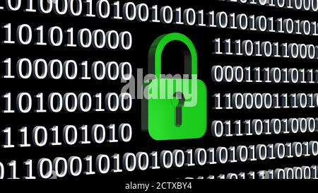 Closed green padlock integrated into a binary code screen made of white digits - Security business concept - isolated on black background Stock Photo