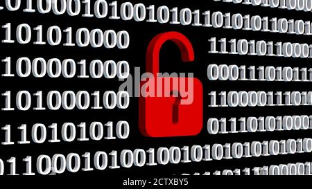 Open red padlock integrated into a binary code screen made of white digits - Security business concept - isolated on black background Stock Photo