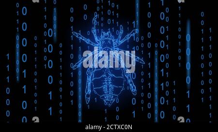 Dangerous bright blue low poly spider over binary code background - stylized hacker attack in matrix style Stock Photo