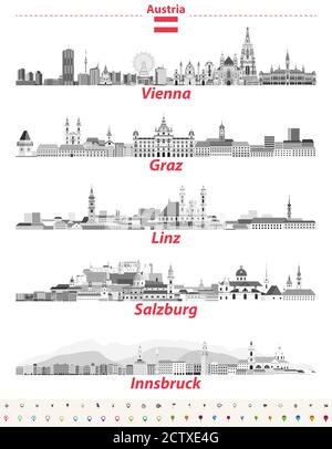 Austria cities panoramic cityscapes vector illustrations in black and white color palette Stock Vector