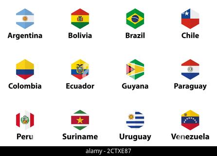 South America all countries' flags. Hexagon isolated flat style design icons set Stock Vector