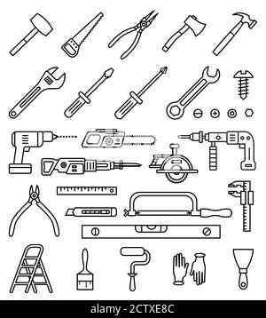 Household tools vector isolated outline icons set Stock Vector