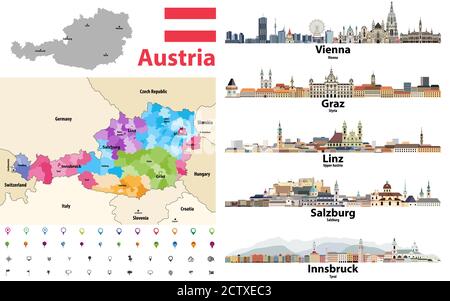 Austria map colored by states showing districts boundaries, with neighbouring countries. Austrian cities skylines. Flag of Austria. Navigation and loc Stock Vector