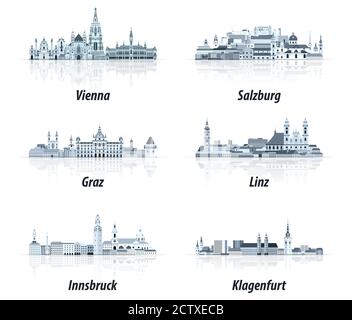 Austrian cities abstract cityscapes icons in tints of blue color palette Stock Vector