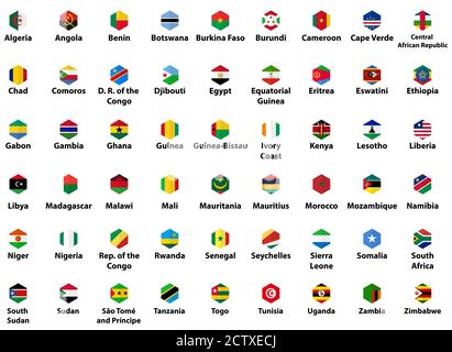 Africa all countries' flags. Hexagon isolated flat style design icons set Stock Vector