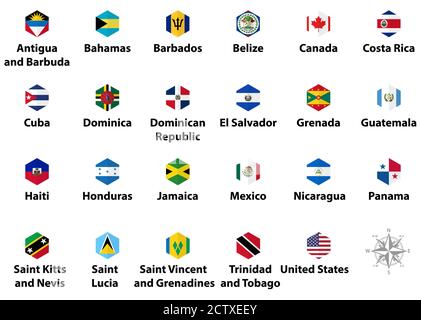 North America countries' flags. Hexagon isolated flat style design icons Stock Vector