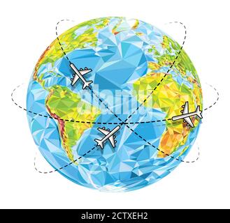 Vector abstract polygonal Earth planet with flying airplanes. Travel background Stock Vector