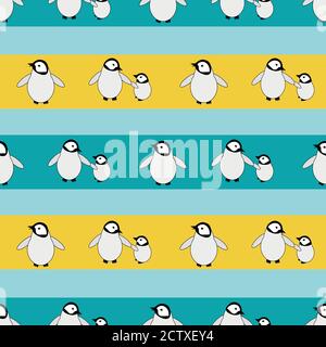 Cute Kawaii penguin baby vector seamless pattern background. Rows of adorable cartoon emperor chicks holding wings on yellow aqua blue striped Stock Vector