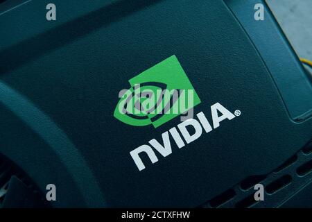 Close up shot of Nvidia brand logo on video card GPU. Top view. Bishkek, Kyrgyzstan - June 28, 2019 Stock Photo