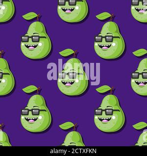 seamless green pear pattern cartoon character with glasses smile on purple background. Vector image Stock Vector