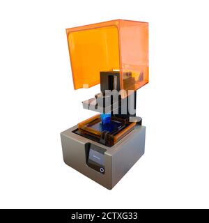 3D printing process. Modern 3D print technology. Working 3d printer machine printing a detail. Isolated on white background. Stock Photo