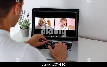 Many portraits faces of diverse young and aged people webcam view, while engaged in videoconference on-line meeting. Group video call application easy Stock Photo