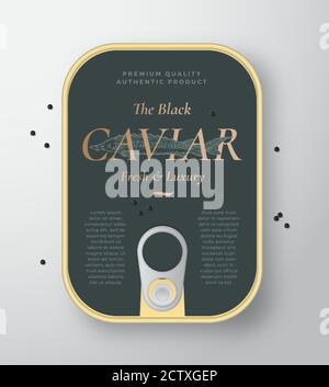 Black Caviar Seafood Vector Can Container with Label Cover Template. Hand Drawn Sturgeon Fish Illustration with Golden Retro Typography and Realistic Stock Vector