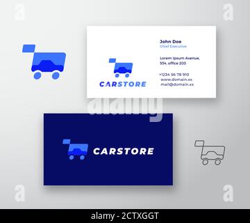 Car Store Abstract Vector Sign or Logo and Business Card Template. Auto Silhouette and Shopping Cart with Modern Typography. Automobile Deals Emblem Stock Vector