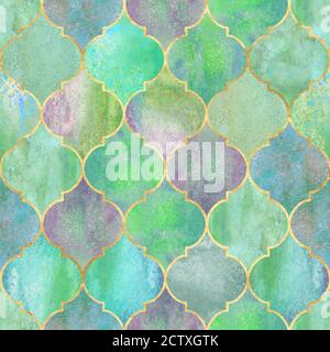 Vintage decorative moroccan seamless pattern with gold line. Watercolor hand drawn green endless background. Watercolour geometrical oriental elements Stock Photo