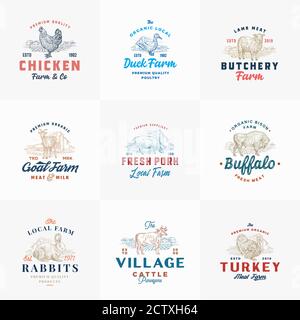 Premium Cattle and Poultry Farm Retro Badges or Logo Templates Set. Hand Drawn Domestic Animals and Farm Landscapes Sketches with Retro Typography Stock Vector