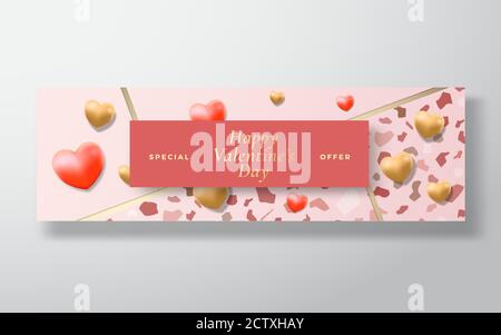 Valentines Day Special Offer Sale Abstract Vector Greeting or Holiday Card. Banner Size. Pink and Gold Gradient and Modern Terrazzo Pattern Background Stock Vector