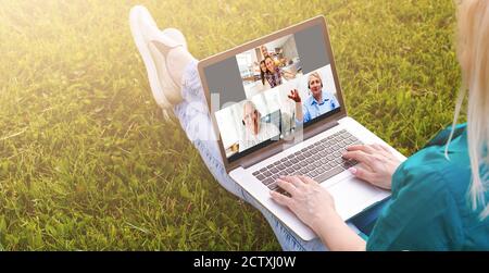 Many portraits faces of diverse young and aged people webcam view, while engaged in videoconference on-line meeting. Group video call application easy Stock Photo