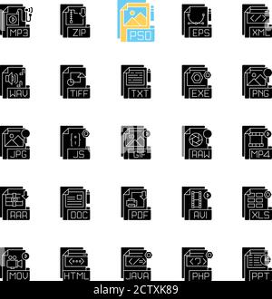 File extensions black glyph icons set on white space Stock Vector