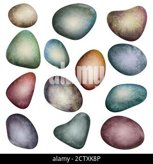Set of watercolor colorful sea stones isolated on white background. Watercolour hand drawn abstract rocks art work illustration. Colorful abstract geo Stock Photo