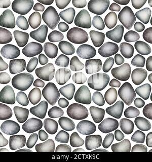 Seamless pattern of watercolor colorful sea stones isolated on white background. Watercolour hand drawn abstract rocks art texture illustration. Color Stock Photo
