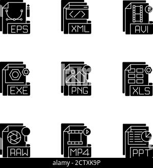 File formats black glyph icons set on white space Stock Vector