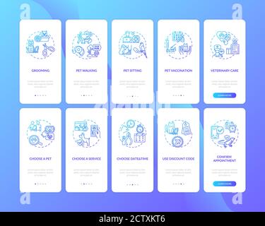Pet services onboarding mobile app page screen with concepts set Stock Vector
