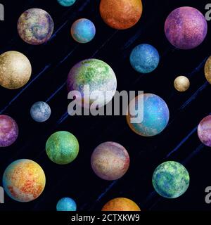 Colorful watercolor planets seamless pattern on dark purple universe background. Watercolour hand drawn abstract planet balls magic illustration. Colo Stock Photo