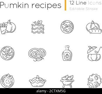 Pumpkin recipes linear icons set Stock Vector