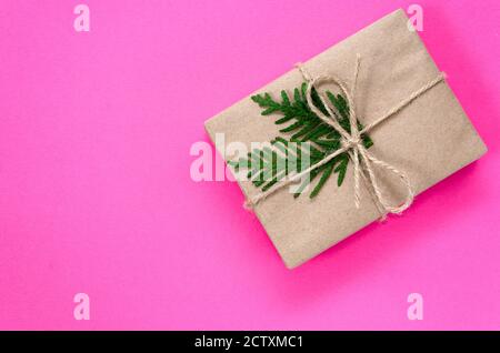 Gift box wrapped in kraft paper tied with twine and decorated with a green fir branch on a pink background. Holidays concept. DIY present idea Stock Photo