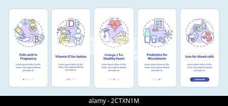 Essential supplements onboarding mobile app page screen with concepts Stock Vector