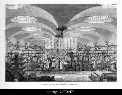 Interior of Marshall’s Flax Mill, Leeds, England Victorian Engraving Stock Photo
