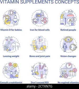 Vitamin supplements concept icons set Stock Vector