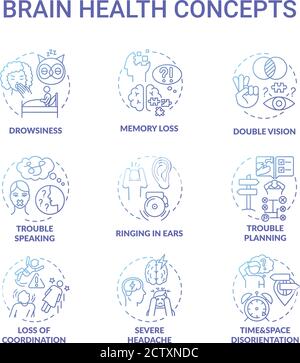Brain health blue gradient concept icons set Stock Vector